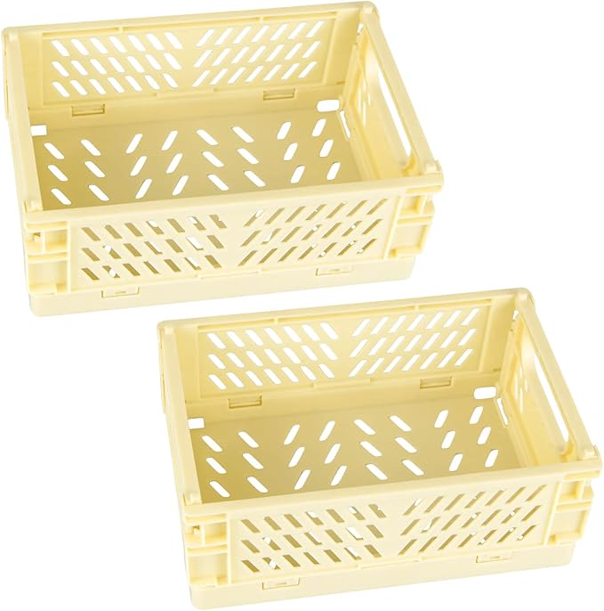 Tixill 2-Pack Mini Foldable Plastic Baskets for Organizing and Storage, Collapsible Storage Crate for Home Kitchen Bedroom Bathroom Office (9.8x6.5x3.8, Yellow)