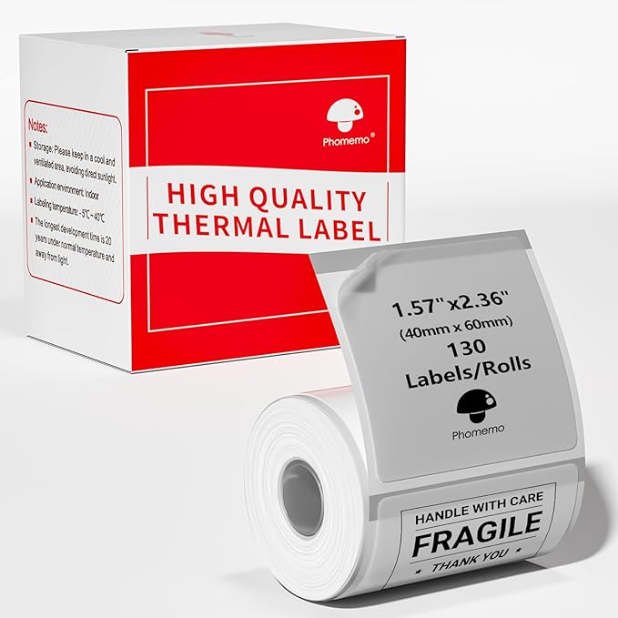 Transparent Thermal Label Paper,Multi-Purpose Label for Phomemo M110/M220/M120/M150/M250 Label Printer, Self-Adhesive Thermal Printer Paper, 1.57"x2.35"(40x60mm) 130 Labels/Roll, Clear