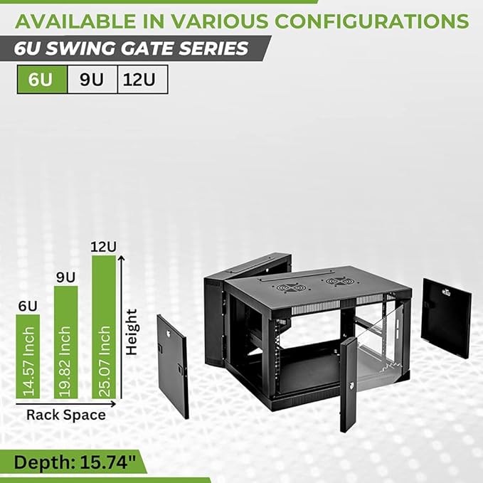 NavePoint 6U Server Cabinet with Hinged Back - 21.6” Deep, 6U Server Rack Enclosure with Locking Glass Door, Wall Mount Rack with Removable Side Panels, 6U Network Cabinet with 2 Fans, Pre-Assembled