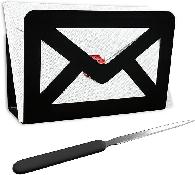 Black Metal Mail Holder, Countertop Letter Organizer with Letter Opener, Office Desktop Envelope Rack, Tabletop Document Stand (Sign)