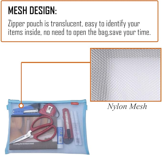 Pendancy Mesh Zipper Pouch 5pcs Lightweight Nylon File Folders Document Organizer Cosmetic Bags Accessories Storage for Travel and Office Supplies (Blue, A4 A5 A6)