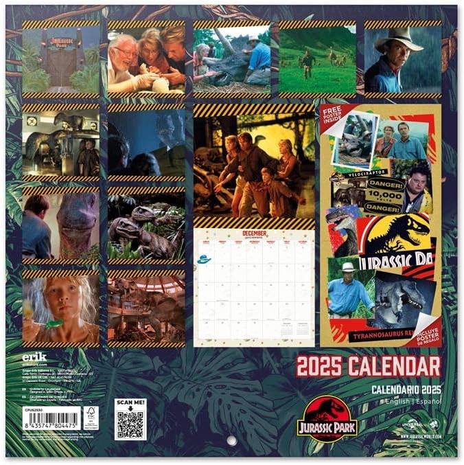 Jurassic Park Wall Calendar 2025 12" x 12" FSC® Plastic Free - Starts Week On Sunday | Square Wall Calendar | Family Planner Calendar 2025 | Jurassic Park Calendar 2025 | Jurassic Park Movies | Jurassic Park Merchandise