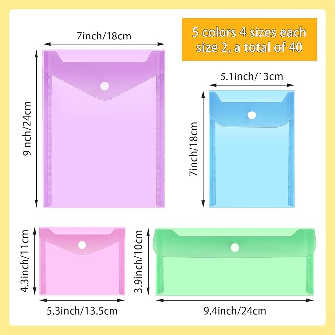Vmiapxo 40 Pack Multi-Color Stamp and Die Storage Pockets, Reusable Rainbow Small Plastic Envelopes Waterproof Sticker Organizer Receipt Holder Photo Storage Folders (Mixed Size)