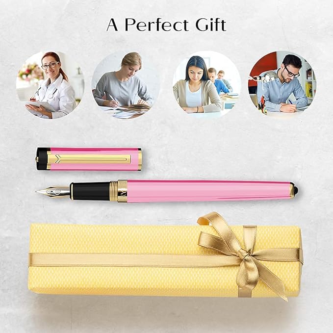 Dryden Designs Fountain Pen Medium Nib Gift Pouch - with 24 Ink Cartridges - MCM (Luscious Pink)