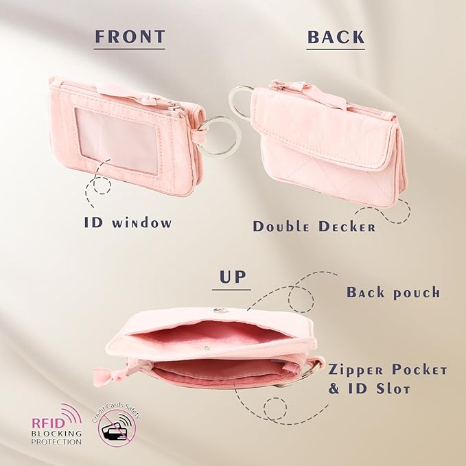 WONDERFUL FLOWER Card Holder, RFID Blocking, ID Holder with Lanyard for Women, Dual Pockets, Badge Holder, Lanyard Wallet, Fabric Keychain ID Pouch, Pink