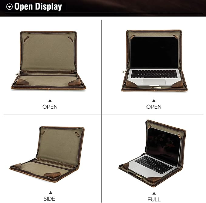 Top Grain Leather 14.2" Slim Laptop Zipper Folio Case, 2 Pockets Design, Compatible with MacBook Air 13" M2 A2681 M1 A2337 A2179 A1932/Pro 13" M2 M1 A2338 A2251 A2289 A2159, Coffee 14.2 Inch