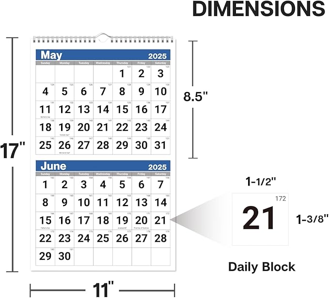 Dunwell 2-Month View Wall Calendar 2025, 11x17" Open, Use to Dec 2025, 2 Month Display, Vertical Two Months Wall Calendar for Office, Ships Folded