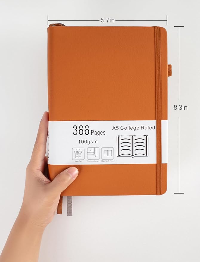 Thick College Ruled Notebook with 366 Numbered Pages, A5 Journals for Writing with 100GSM Lined Paper, Hardcover Leather Notebooks for Women Men School Note Taking Office Work Diary, 5.7"x8.3" Brown