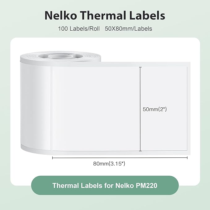 Thermal Labels for Nelko PM220 Label Maker, 2'' x 3.15'' (50x80mm) Thermal Sticker Label, Waterproof, Multi-Purpose Label Tape, 1 Roll of 100 Self-Adhesive Thermal Paper (White)