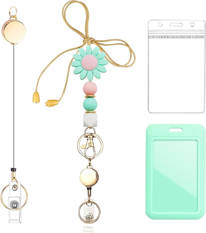 Colorful ID Badge Holder with Silicone Beads Lanyard Set,Cute Teacher Breakaway Lanyard for Keys & Keychain with Cute Retractable Badge Reel Holder,Gift for Women,Nurse, Teacher. (Daisy 1)