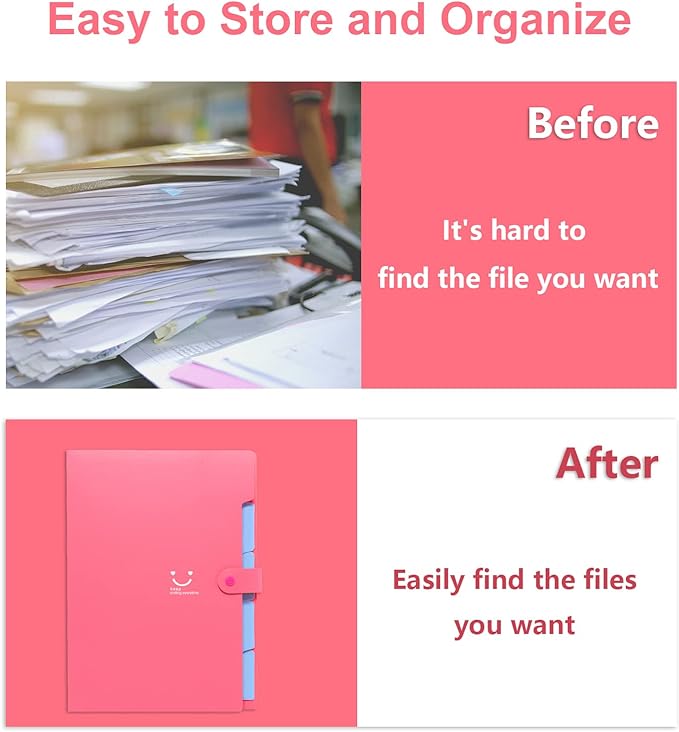 Forvencer Accordion File Organizer, Letter Size, 5 Pocket Expanding File Folder, Cute File Folder with Labels, Portable File Organizer for School Office Supplies, Folders for Documents, Fuchsia