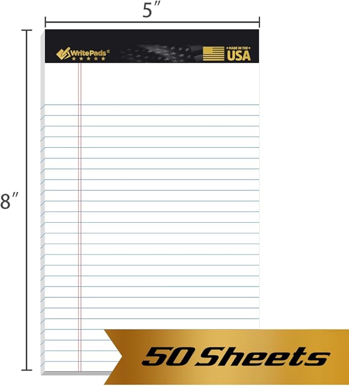 KAISA Small Legal Pads 5" x 8" Note Pads, Narrow Ruled Writing Pads, 50 Sheets Perforated Notepads, 20lb Heavyweight Rigid Back Premium Legal Pads, White Paper Pads, 12Pads