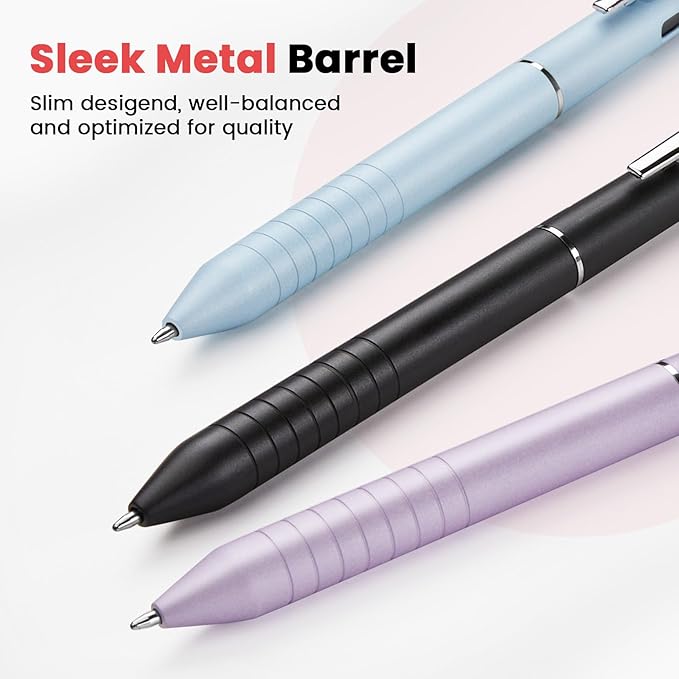 Sooez Multicolor Pen in One, Sleek Metallic 4 Color Ballpoint Pen, Medium Point (1.0mm), Retractable Ball Pen with Stylus Tip, Journaling Planner Pen for Nursing School Office Supplies, 3 Pack, Purple