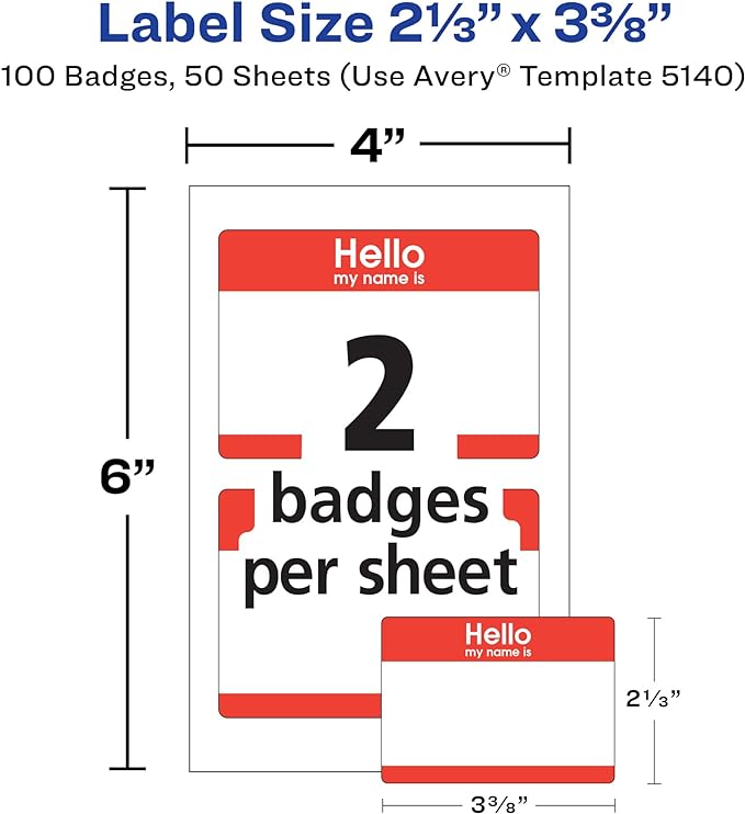 Avery Hello My Name is Name Tags, White with Red Border, 100 Removable Name Badges (05140)