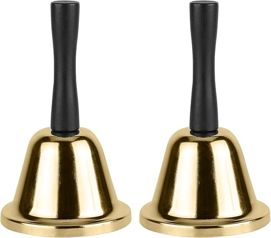 MROCO Gold Hand Bell, 2 Pack Steel Call Bell for Wedding, Adults, Dinner Bells for Food Line, Classroom Bells for Inside, Alarm, Jingles, Ringing