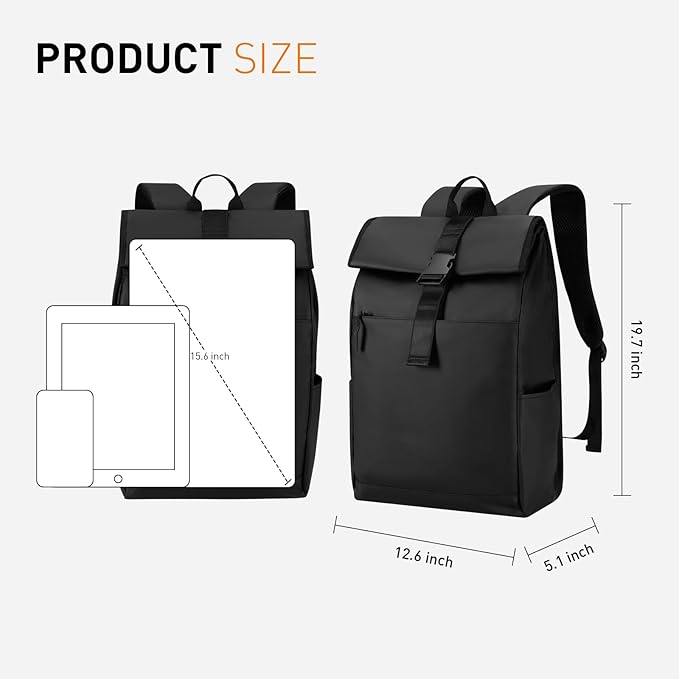 Roll Top Backpack -Lightweight, Water-Resistant, Expandable Casual Daypack for 13-16 Inch Laptop-Ideal for Work,City Commute,Campus -Adjustable Capacity 17-20L-Black