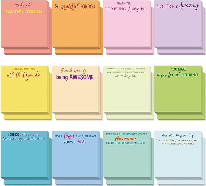 Yinder 24 Pcs Employee Appreciation Sticky Notes Thank You Gifts Bulk Note Pads with Sayings Teacher Gift Mini Pocket Inspirational Notepads for Coworker Office Supply 3 x 3''(Colorful,Thanks)