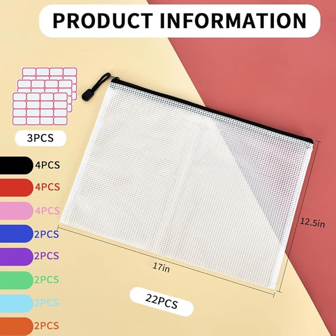 Vuzvuv A3 Size-22pcs 16.9"x 12" Mesh Zipper Pouch Zipper Bags,8 Colors Document File Folders with Label Sticker,Plastic Mesh Bag for File, Makeup, Board Game School Office Home Travel Storage