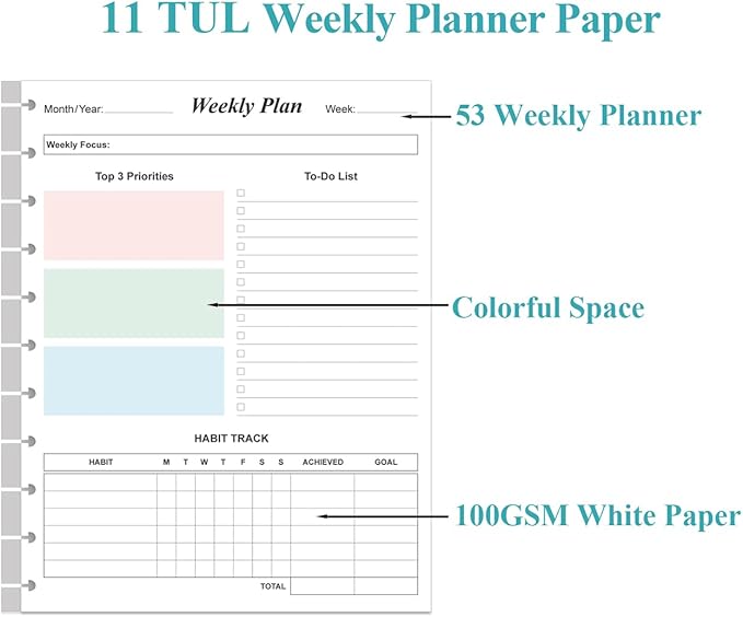 Weekly Planner Undated Refills - Letter Size 53 Sheets/106 Pages Colorful Weekly Planner for 11-Disc Discbound, TUL, 100 gsm White Paper, 8.5" x 11"