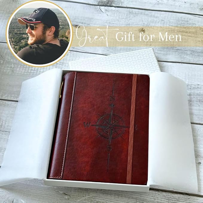 SETTINI® Lined Journal - Compass Journal for Writing Gift Set - Hardcover Vegan Leather, Includes Luxury Pen in a Unique Pen Holder, 192 Pages, 6 x 8.5 inches, Birthday Gifts for Men