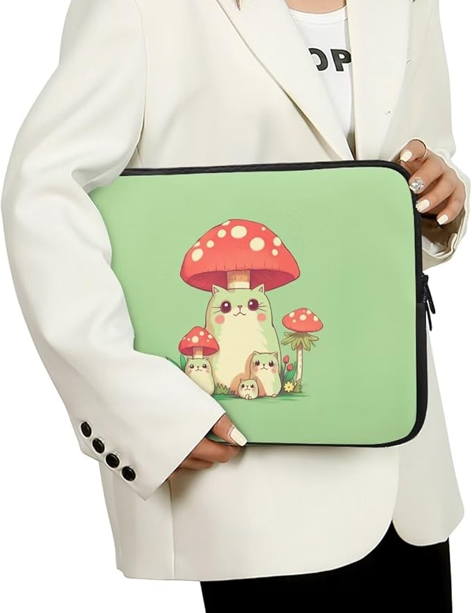 Mushroom Frog Computer Sleeve for Girls 15 inch Laptop Sleeve Women Lap Top Case with Multiple Uses Tablet Bag Cute Animal Laptop Carrying Case Briefcase Green