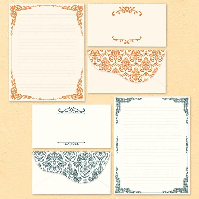 Anzon Mories 96 Piece Stationary Set (64 Sheet Paper and 32 Envelope) Both Side Line Vintage Ivory Lace pattern 2 Color Navy Orange Gold border Stationery Letter Writing Paper 8.5 x 11 In College Rule