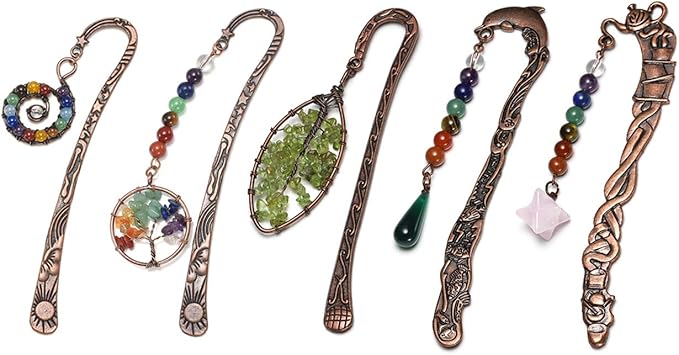 Jovivi 5pcs Antique Copper Metal Bookmark Beading Bookmarks with Handmade 7 Chakra Healing Crystals Tree of Life Tumbled Gemstones Assorted Beads