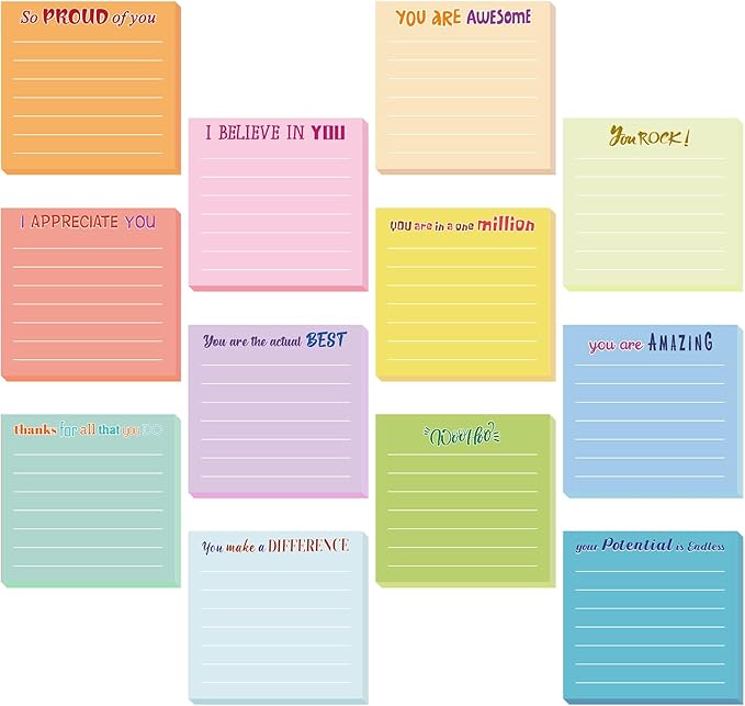 Yinder 24 Pcs Inspirational Sticky Notes with Lines Cute Motivational Sticky Notes Pad Employee Appreciation Gifts Bulk for Teacher Nurse Coworkers Office Supplies 3 x 3''(Light Color,Thankful)