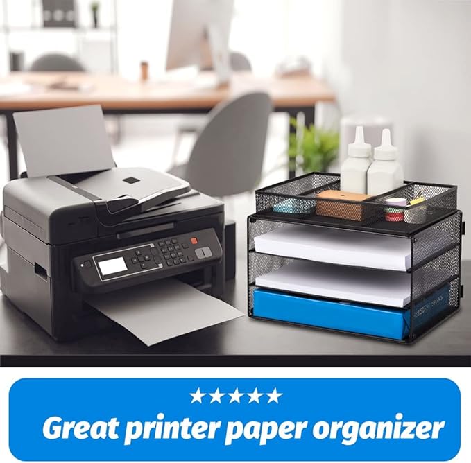 EASEPRES Paper Organizer Tray, 3 Tier Mesh Desk File Organizer Letter Sorter Holder with Drawer for Home Office, Black