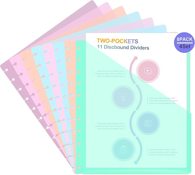 32 PCS Discbound Dividers Letter Size Disc Planner 2 Pocket Fit 8.5" x 11" Paper Notebook with Pockets 11 Disc Folder for Office Home School