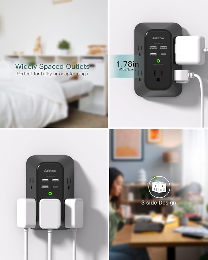 Surge Protector Outlet Extender, Addtam Multi Plug Wall Outlet with 4 USB Ports(1 USB-C), 3-Sided 1800J Power Strip Plug Extension Outlet Splitter, Black