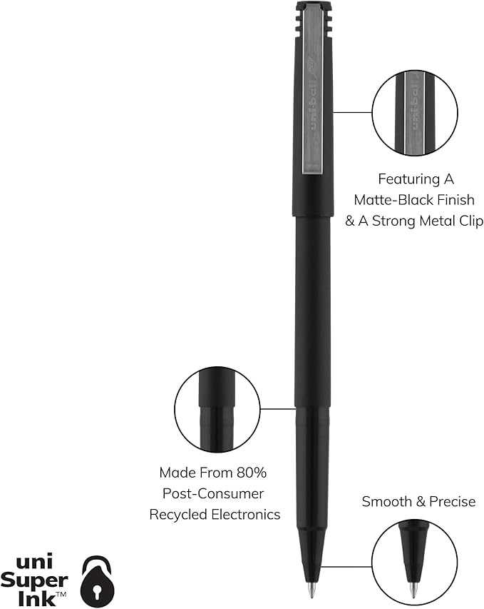 uni-ball Roller Rollerball Pens Fine Point Micro Tip, 0.5mm, Black, 12 Pack