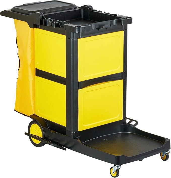 Restaurantware-Clean Tek Professional 3-Shelf Janitor Cart with Wheels, 1 Cleaning Trolley with Cover and 21 Gallon Bag - Includes 1 Double Locking Cabinet, Heavy-Duty, Gray Plastic Janitorial Cart