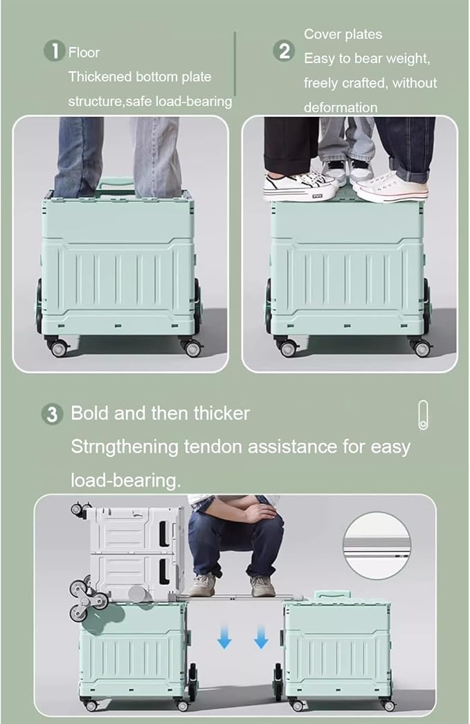 Foldable Utility Cart,Folding Portable Rolling Crate Handcart with Lid,Collapsible Aluminium Alloy Telescoping Handles,8 Wheels for Travel Shopping Climbing Stairs Moving Storage Office Use