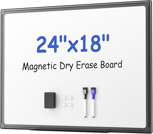 VUSIGN Magnetic White Board Dry Erase 24" x 18" with 1 Dry-Erase Eraser, 2 Multicolor Marker, 4 Magnetic Pins, Black Reinforced Aluminum Frame for Office, Home, School