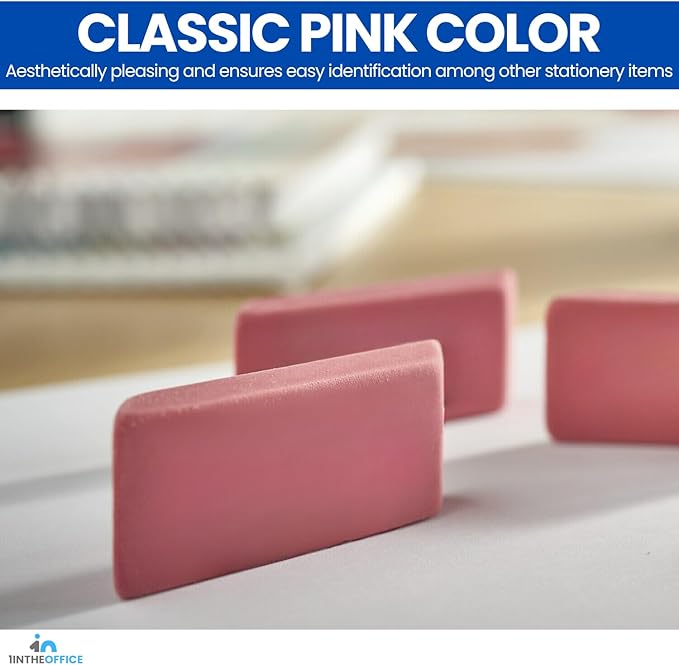 1InTheOffice Pink Erasers, Bevel Erasers, Erasers for Pencils, Large Size, Latex Free, 9 Pack