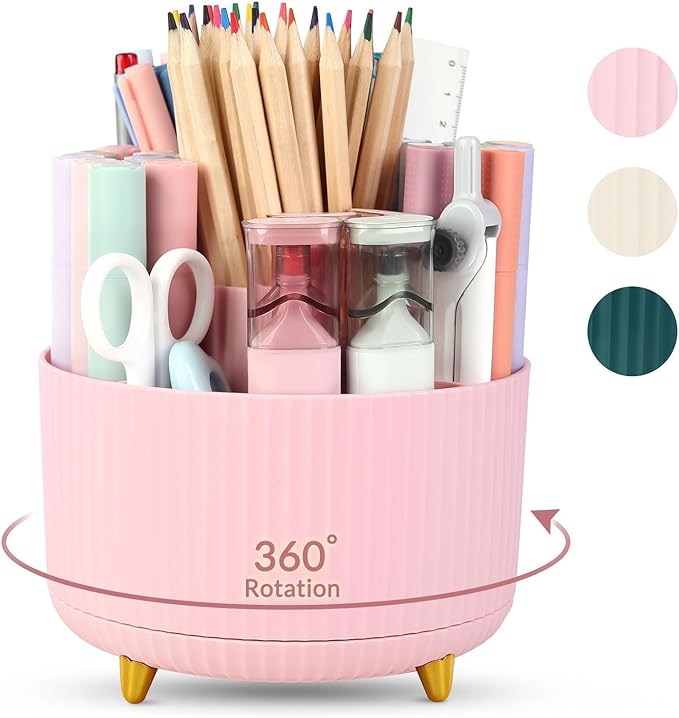 SKYDUE 360 Degree Rotating Desk Organizer, Dual-Purpose Pencil Pen Holder for Desk, Cute Rotating Desk Pen Organizer with 5 Slots, Pencil Cup for Office, School, Home Pink