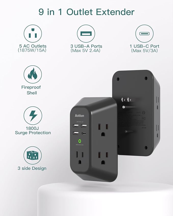 Surge Protector Outlet Extender, Addtam Multi Plug Wall Outlet with 4 USB Ports(1 USB-C), 3-Sided 1800J Power Strip Plug Extension Outlet Splitter, Black