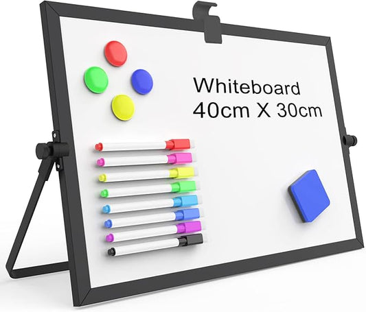 OWill Black Dry Erase White Board, 16inX12in Large Magnetic Desktop White Board with Stand,A3 Magnetic Whiteboard & Portable Double-Sided Whiteboard Easel for Drawing in School & Home