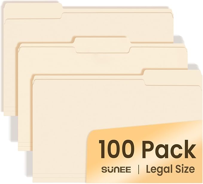 SUNEE Manilla Folders Legal Size (14 x 8.5 inches),100 Per Box, Durable Paper File Folders with 1/3 Cut Tab for Office, Legal Documents, Filing, and Organizing