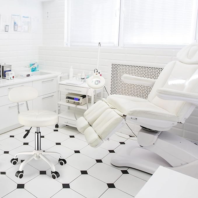 Swivel Rolling Stool with Wheels Height Adjustable Chair Rolling Drafting Chair Spa Stool Chair Backrest White