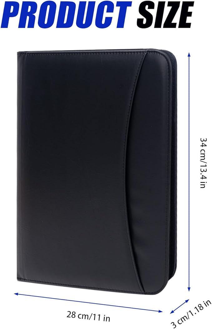 Gwybkq Padfolio Organizer Zippered Portfolio, Leather Binder with Notepad and Gel Pens, Men Women Business Folder for Resume, Document, Pad, Phone and Cards (Black)