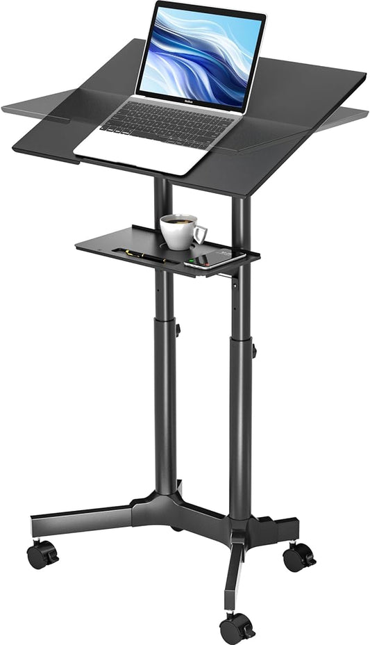 BONTEC Lecterns & Podiums Portable Mobile Standing Laptop Desk, Sit Stand Desk, Height Adjustable Home Office Classroom Pulpit Stand Up Desk Workstation, Rolling Table Laptop Cart with Storage Tray