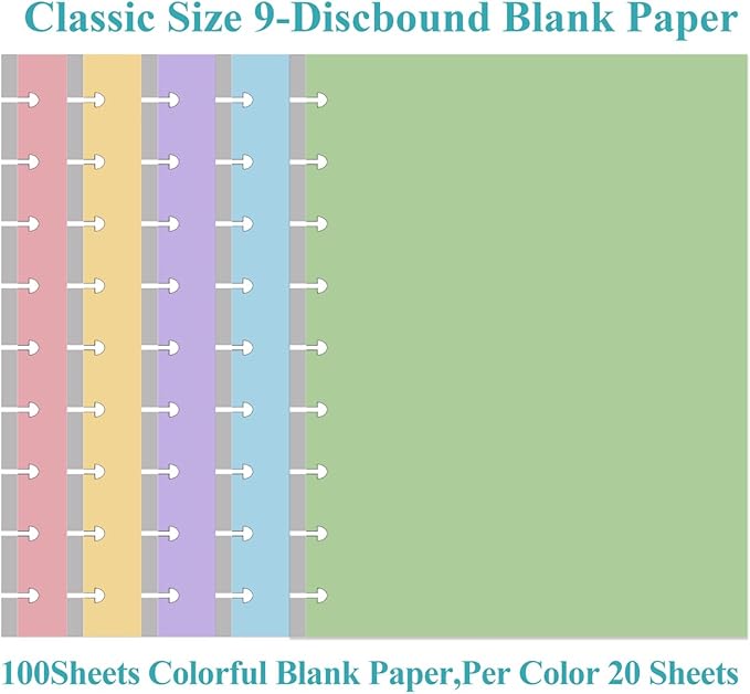 9-Disc Discbound 5 Colorful Blank Paper Pre-punched Happy Planners Inserts, 100Sheets/200Pages Classic Size Blank Loose-Leaf Paper, Per Color 20 Sheets, 7" x 9.25"