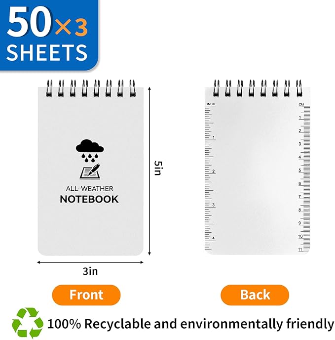 3 Pack Waterproof Notebook, 3 x 5 Pocket Notepad, All Weather Small Pocket Notebook Stone Paper, Mini Spiral Notepad Police Notepad 100 Lined Pages for Outdoor Office