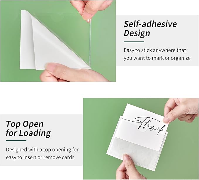 52 Pack Index Card Pockets with Top Open, 3.5 x 3 Inch Adhesive Label Pockets Clear Plastic Index Card Holder for Organizing, Storage Bins, Library Cards, Notes