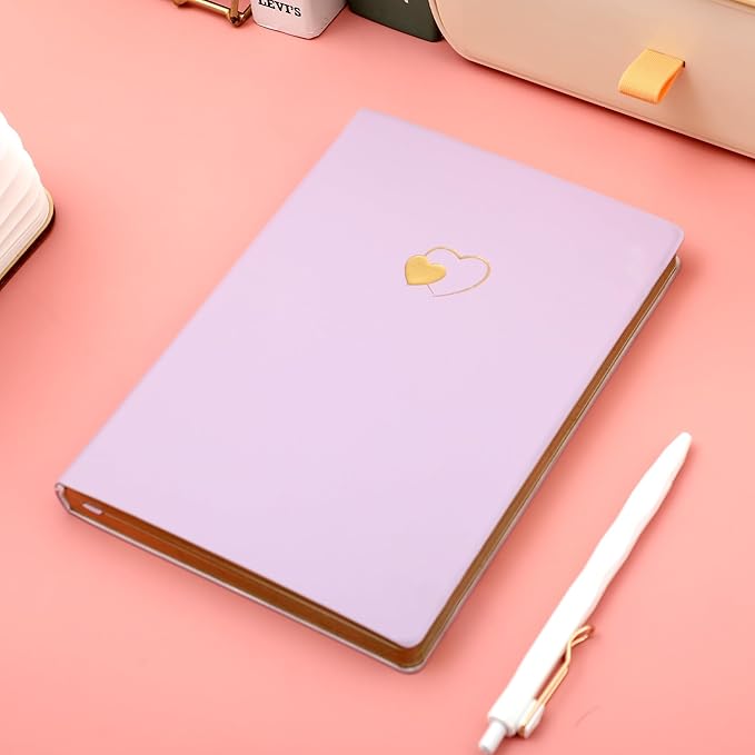 CAGIE Lined Journal Notebook for Women and Girls 256 Pages Cute Diary with Heart-Shaped Leather Journals for Writing A5 Soft Cover Notebooks for Work School (A Purple and Pink, A5)