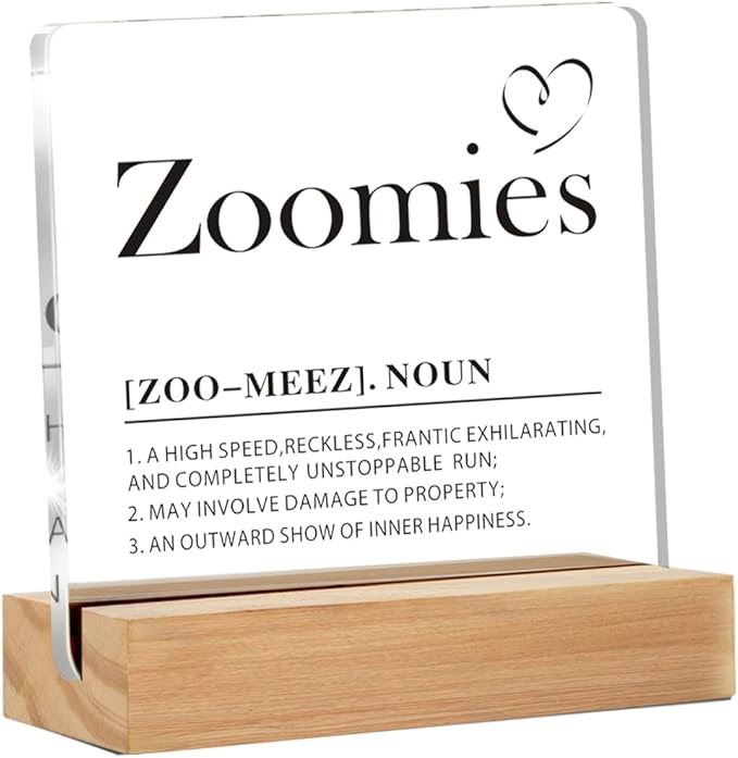 Dog Lover Gift, Dog Home Decor, Zoomies Definition Clear Desk Decorative Acrylic Sign With Wooden Stand for Office Desk Table Shelf (4 x 4 Inches)