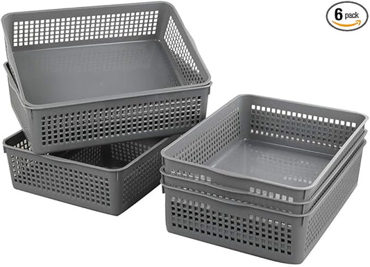 A4 Size Plastic Basket, Desktop File Storage Organization Tray, Set of 6 (Grey)