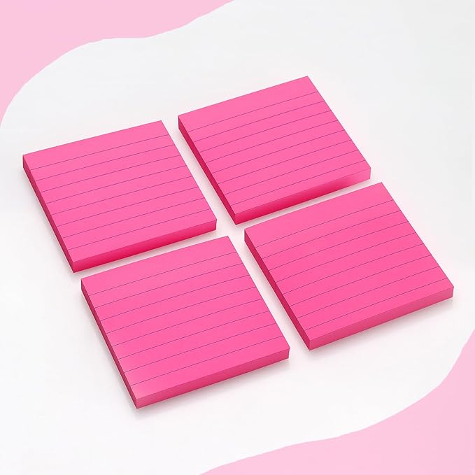 Lined Sticky Notes 3x3 Sticky Notes with Lines Self-Stick Notes Bright Color 4 Pads 90 Sheets/Pad (Rose Red)